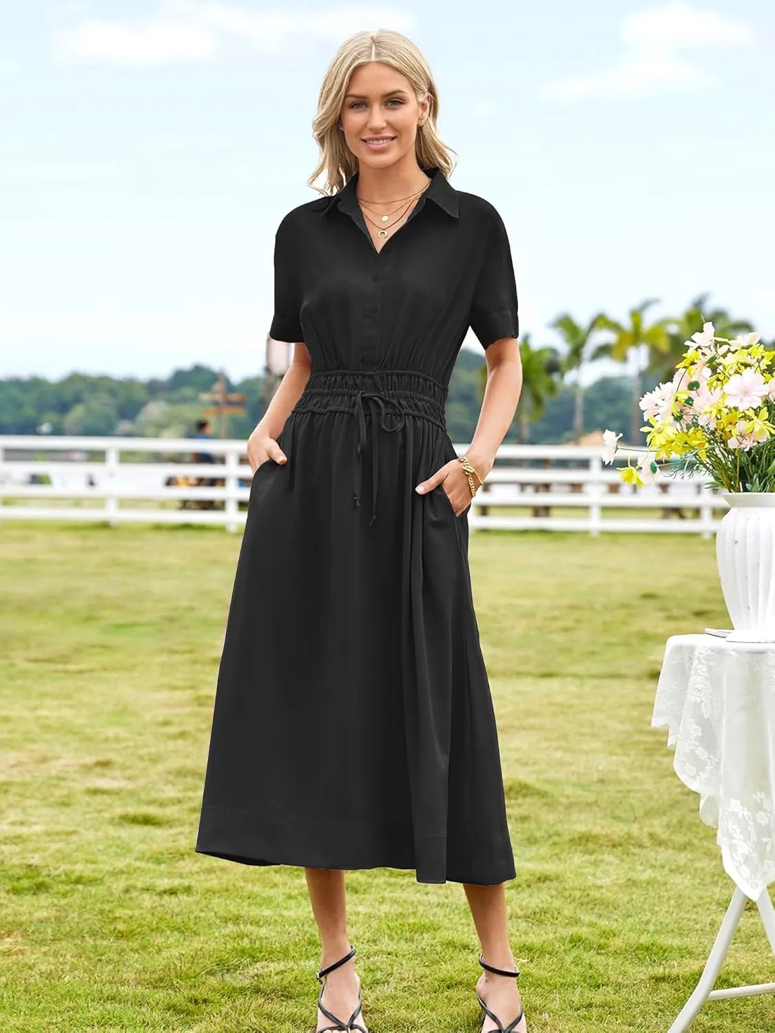 ECOWISH Womens Midi Dress Short Sleeve V Neck Button Front Casual Flowy A-Line Shirt Dresses with Pockets for Summer Spring