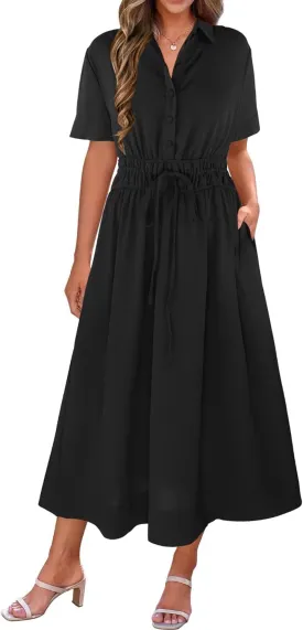ECOWISH Womens Midi Dress Short Sleeve V Neck Button Front Casual Flowy A-Line Shirt Dresses with Pockets for Summer Spring