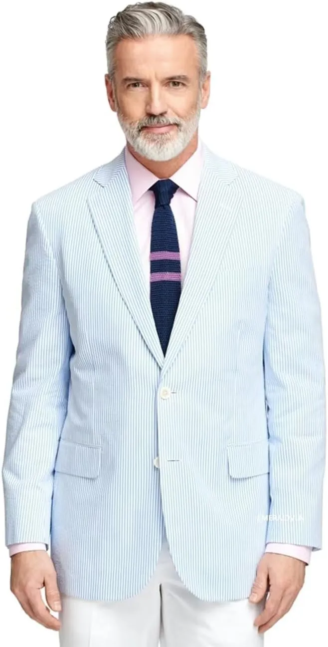 EMERAIDVLN Men Seersucker Jacket 2 Button Seersucker Blazer Casual Lightweight Suit Blazer Beach Wedding Striped Sports Coat
