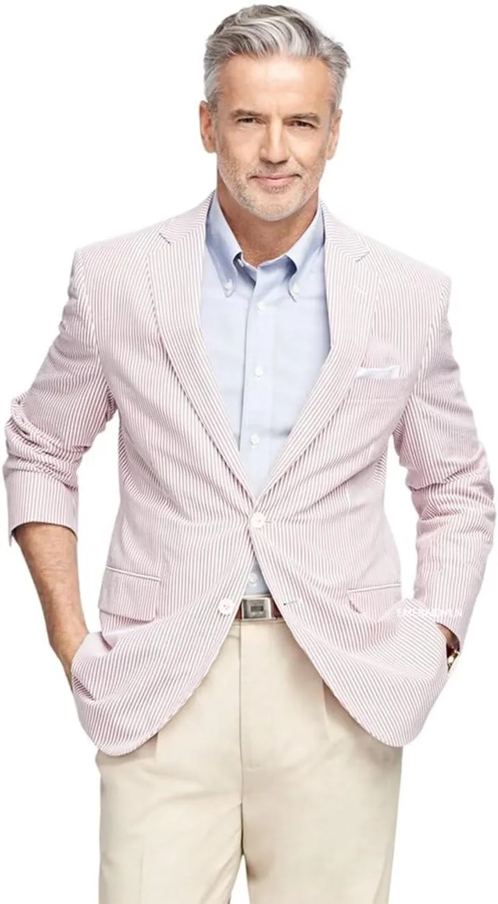 EMERAIDVLN Men Seersucker Jacket 2 Button Seersucker Blazer Casual Lightweight Suit Blazer Beach Wedding Striped Sports Coat