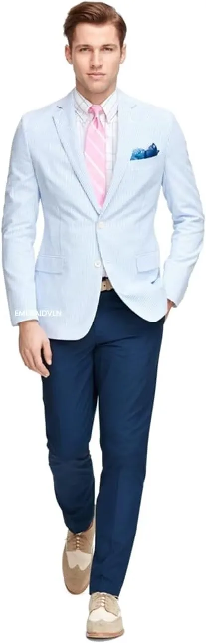 EMERAIDVLN Men Seersucker Jacket 2 Button Seersucker Blazer Casual Lightweight Suit Blazer Beach Wedding Striped Sports Coat