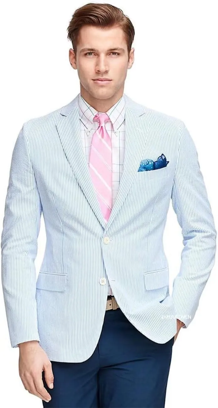 EMERAIDVLN Men Seersucker Jacket 2 Button Seersucker Blazer Casual Lightweight Suit Blazer Beach Wedding Striped Sports Coat