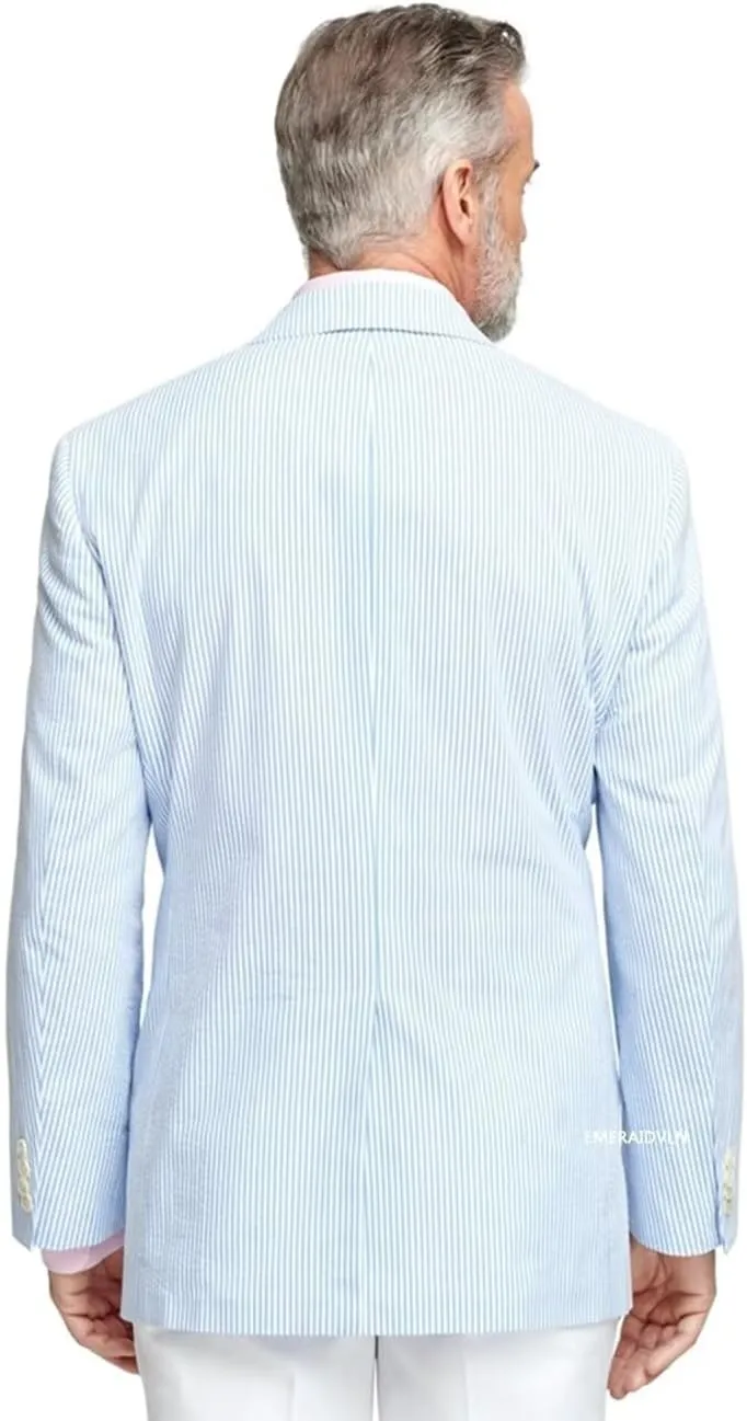 EMERAIDVLN Men Seersucker Jacket 2 Button Seersucker Blazer Casual Lightweight Suit Blazer Beach Wedding Striped Sports Coat