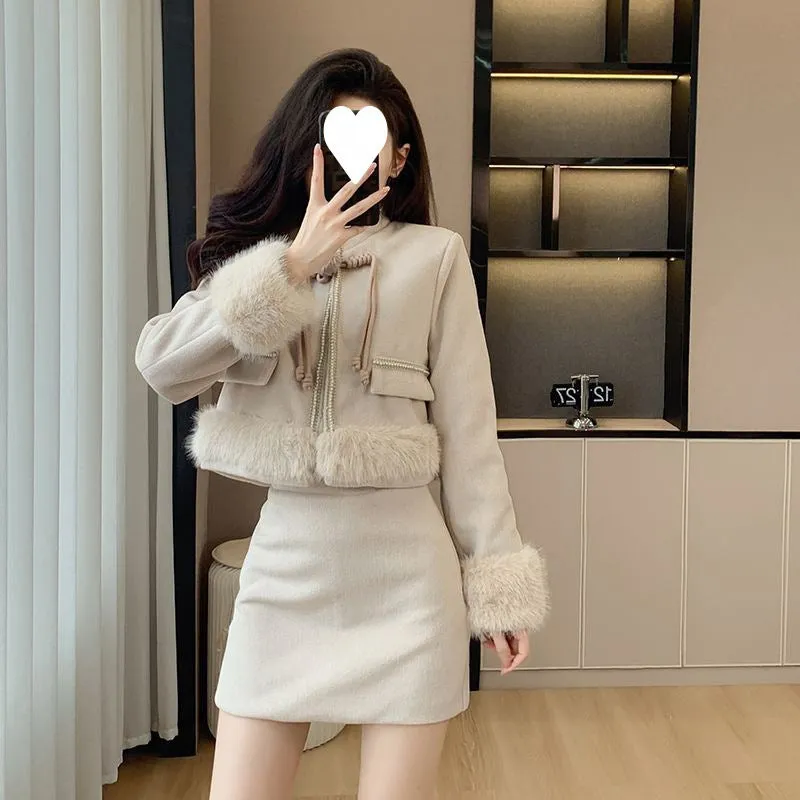 Fashionkova church outfit Two-Piece Set 2024 Autumn and Winter Thickened Woolen Socialite Warm High Waist Jacket Skirt Suit Long Skirt