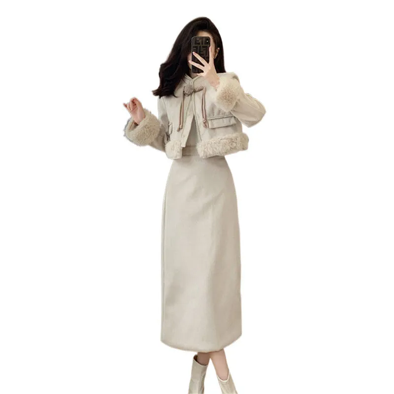 Fashionkova church outfit Two-Piece Set 2024 Autumn and Winter Thickened Woolen Socialite Warm High Waist Jacket Skirt Suit Long Skirt