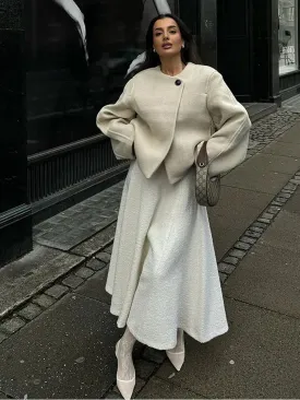 Flytonn-Christmas Thanksgiving Gift New Year's Eve Casual Outfits Elegant Solid One Buttons Women Woolen Coat Fashion O-neck Long Sleeve Short Jackets 2024 Autumn Female Chic High Street Outwear