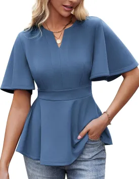 GRACE KARIN 2025 Women's Elegant V Neck Peplum Tops Short Bell Sleeve Chiffon Shirts Tops Blouse