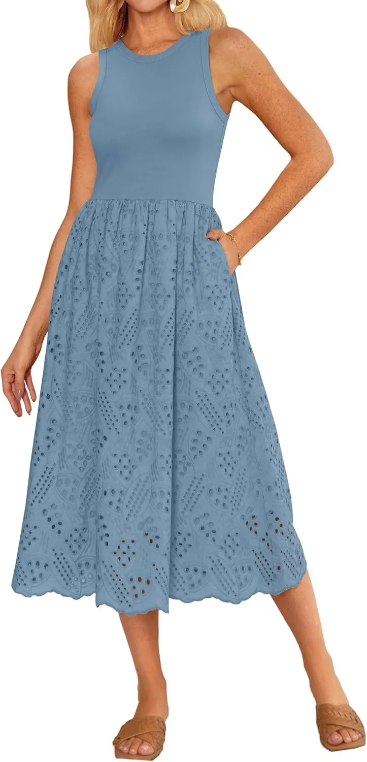 GRACE KARIN Women's Summer Sleeveless Tank Dress A Line Midi Dress Eyelet Crewneck Casual Holiday Dress with Pockets