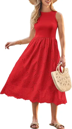 GRACE KARIN Women's Summer Sleeveless Tank Dress A Line Midi Dress Eyelet Crewneck Casual Holiday Dress with Pockets