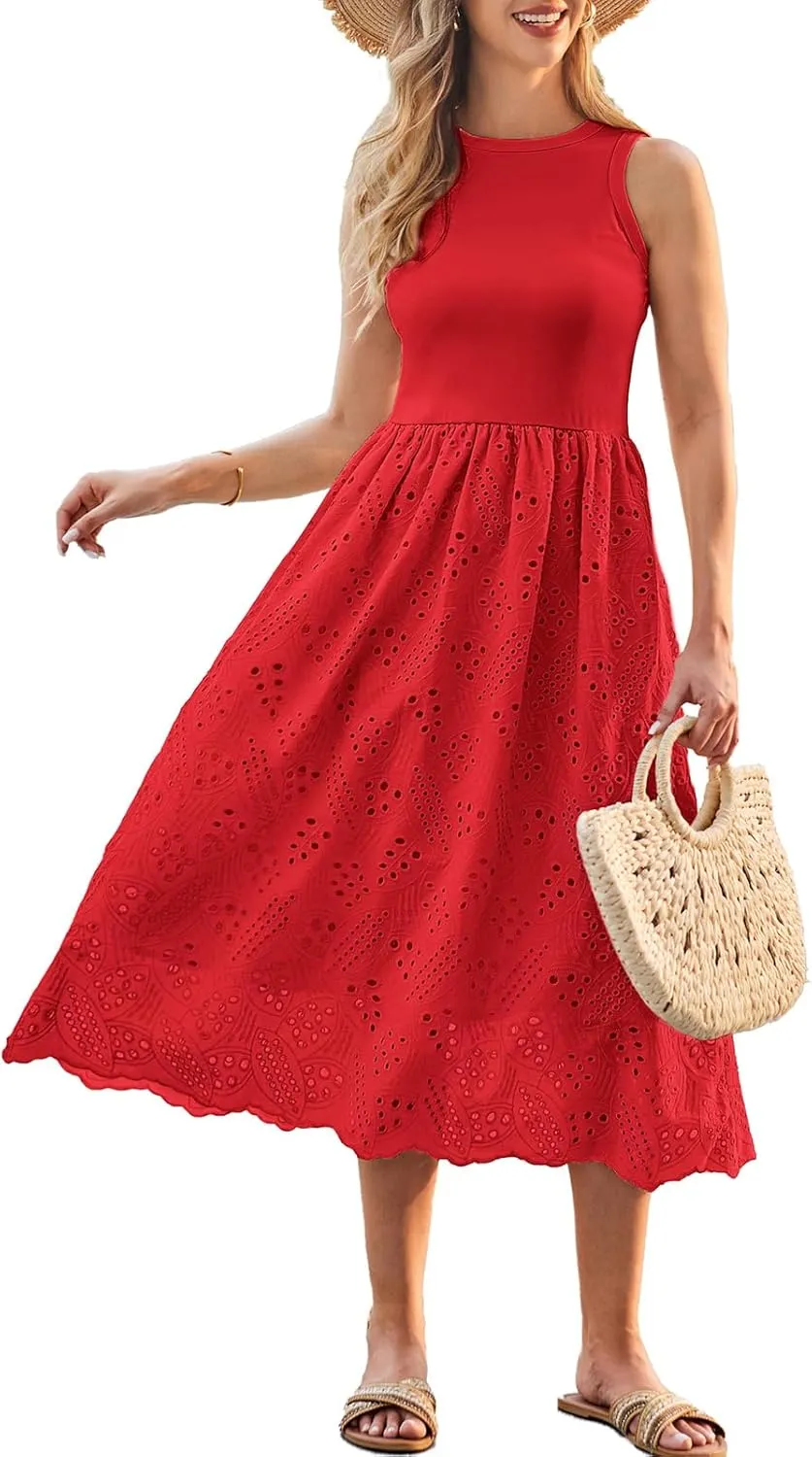 GRACE KARIN Women's Summer Sleeveless Tank Dress A Line Midi Dress Eyelet Crewneck Casual Holiday Dress with Pockets