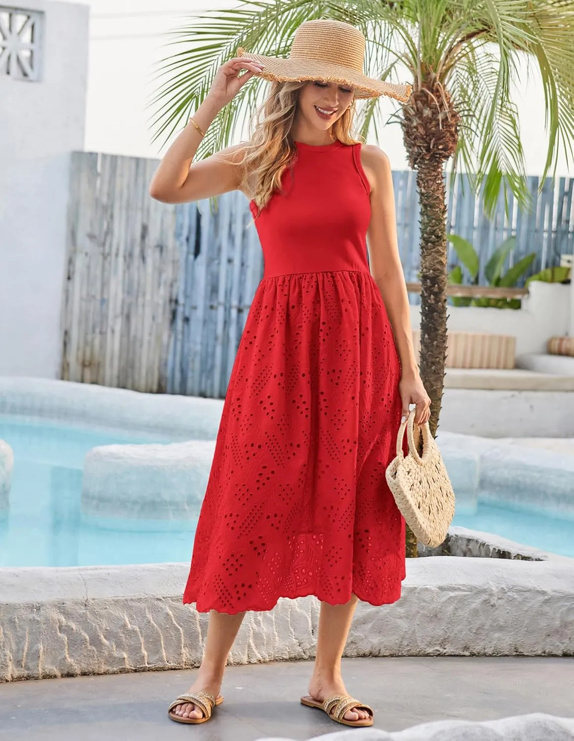 GRACE KARIN Women's Summer Sleeveless Tank Dress A Line Midi Dress Eyelet Crewneck Casual Holiday Dress with Pockets