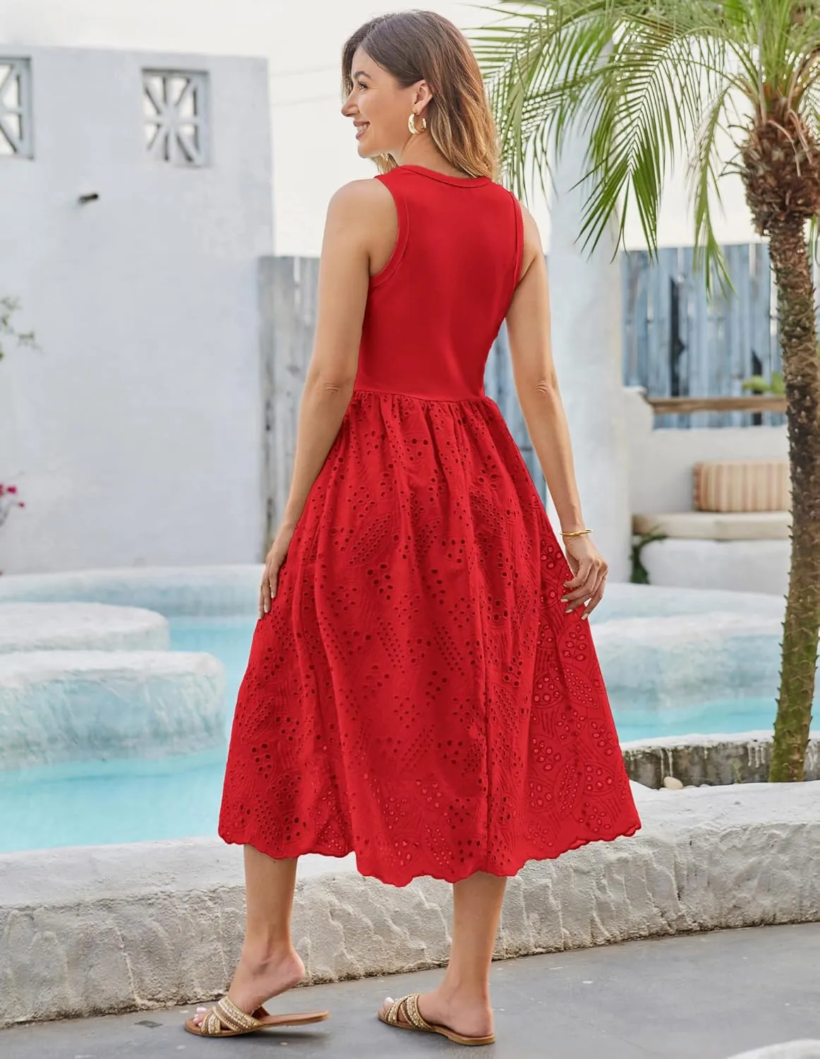 GRACE KARIN Women's Summer Sleeveless Tank Dress A Line Midi Dress Eyelet Crewneck Casual Holiday Dress with Pockets