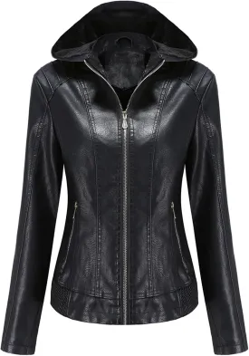 HALITOSS Women Classic Faux Leather PU Moto Biker Jacket Slim Fit Casual Zip Up Inner Fleece Coat With Hoodies