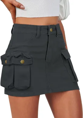 IVIR Women's Cargo Skirt Mini Skirt Y2K Summer Elastic Waist 6 Pockets Button Bodycon Short Denim Skirts