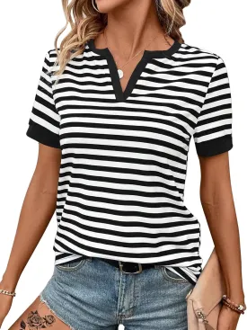 LilyCoco Women's Striped Shirt Short Sleeve Color Block Tops Notched Neck Summer Tee