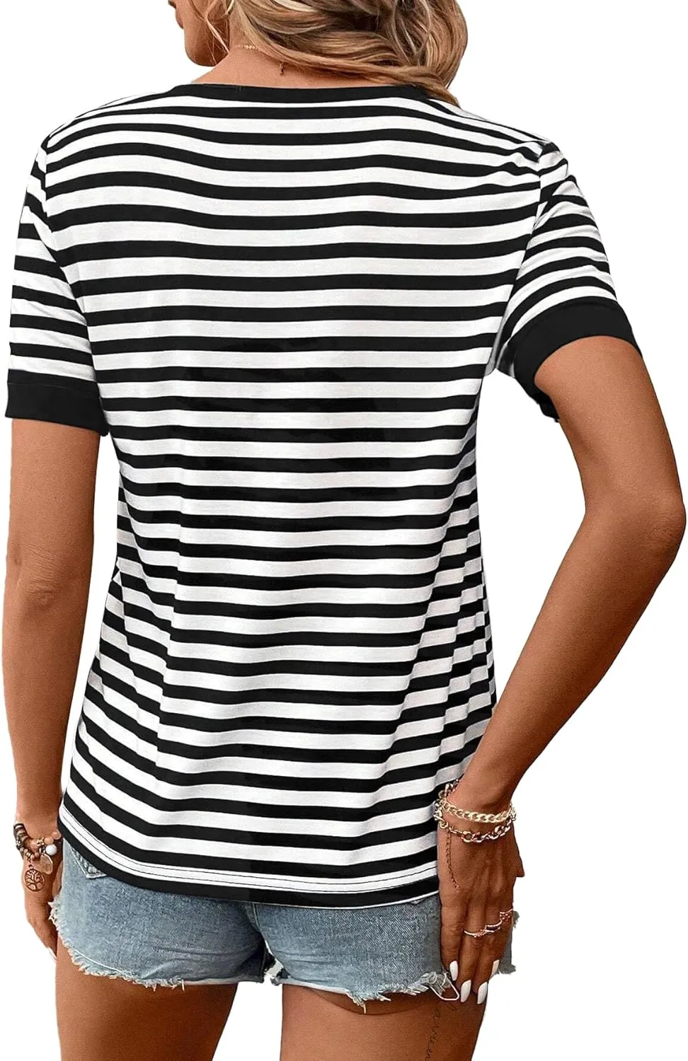 LilyCoco Women's Striped Shirt Short Sleeve Color Block Tops Notched Neck Summer Tee