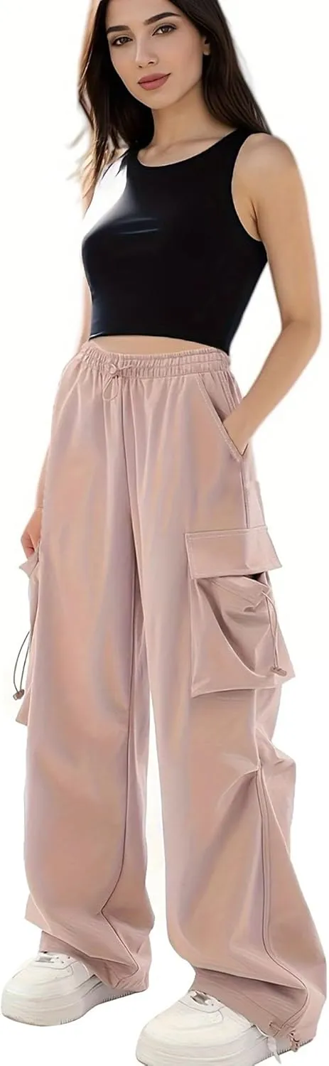 MEINVQIAOTI Casual Athletic Baggy Comfy Drawstring Cargo Pants Women Street Dance Paratrooper Jogger high Waisted Cargo Pants