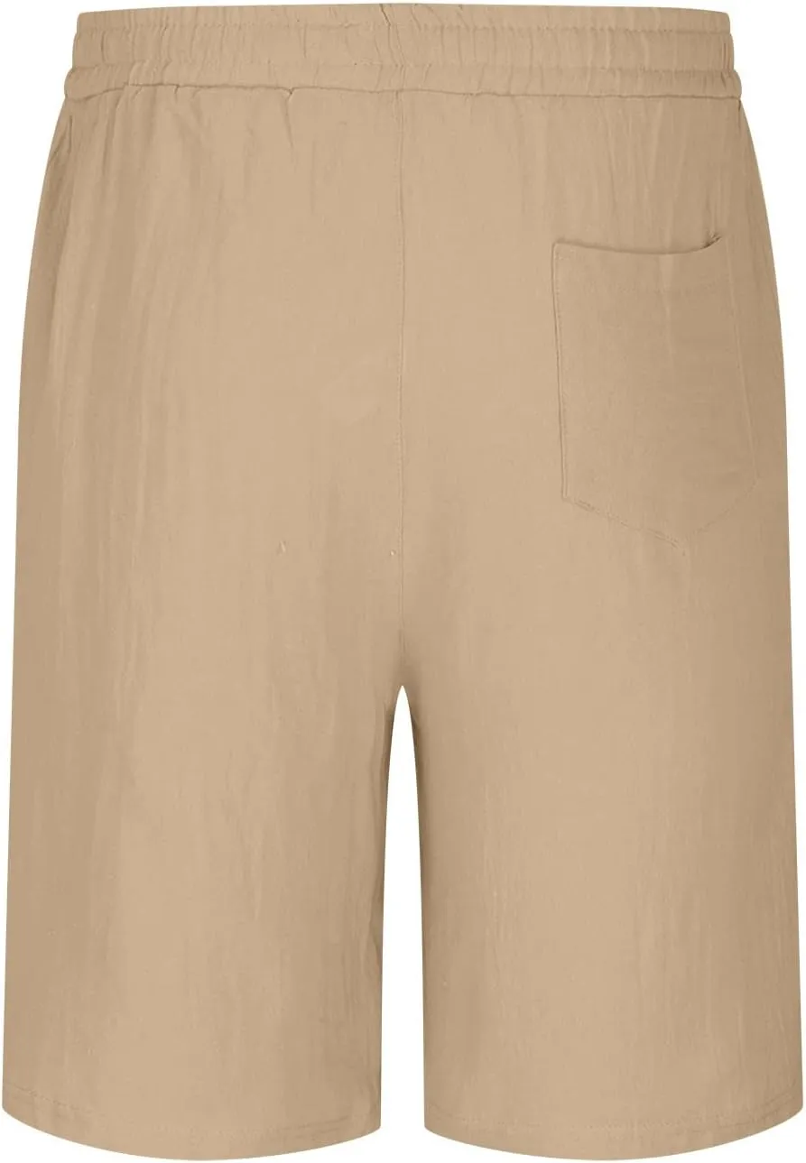 Mens Cotton Linen Shorts Elastic Waist Drawstring Casual Summer Classic Solid Beach Gym Yoga Sports Short Pants