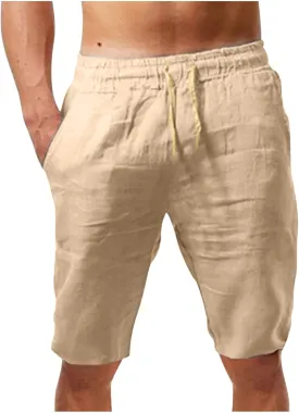 Mens Cotton Linen Shorts Elastic Waist Drawstring Casual Summer Classic Solid Beach Gym Yoga Sports Short Pants
