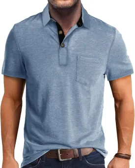 Mens Polo Shirts Casual Fashion T-Shirts Short Sleeve Button Up Golf Shirts Tops with Pocket