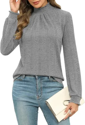 Micoson Womens Mock Neck Blouses Pleated Textured Shirts Long Sleeve Stretch Casual Tunic Tops Dressy Fashion Blouse