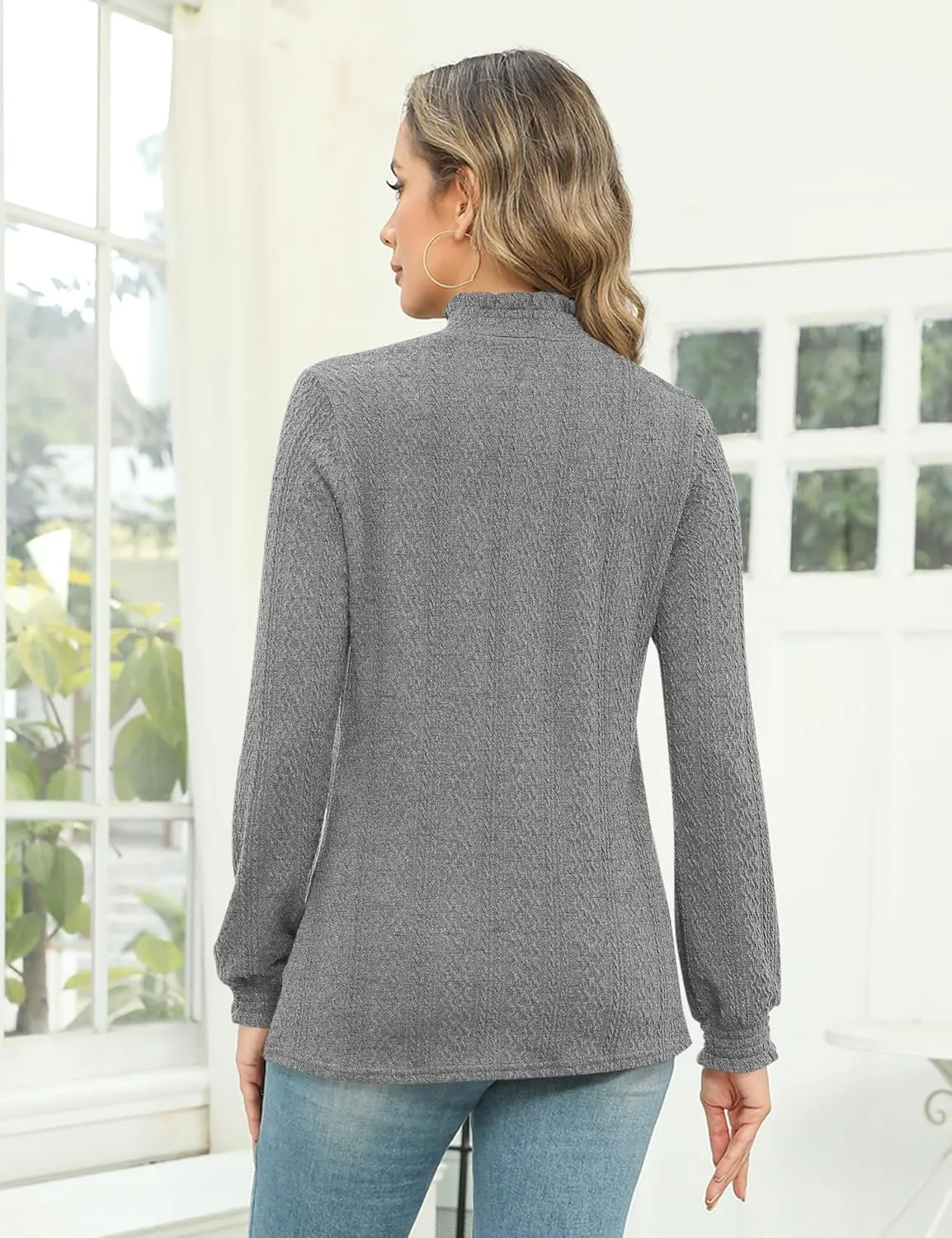 Micoson Womens Mock Neck Blouses Pleated Textured Shirts Long Sleeve Stretch Casual Tunic Tops Dressy Fashion Blouse