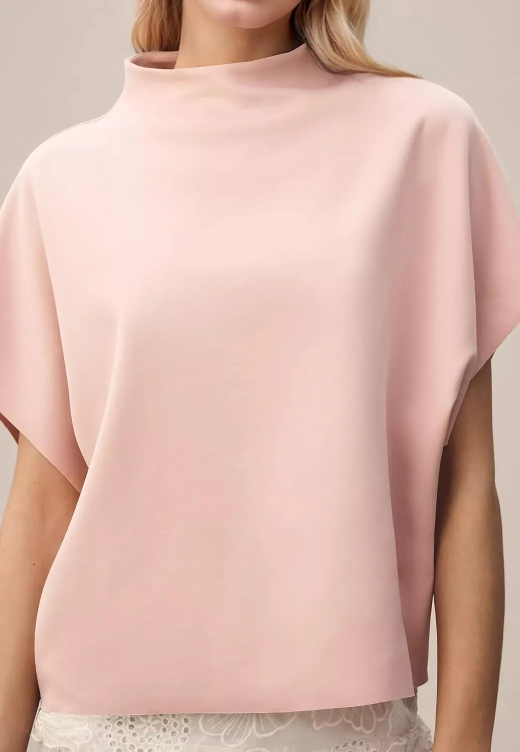 MISSACTIVER Womens Casual Mock Neck Batwing Tee Top Short Sleeve Drop Shoulder Solid Color Baggy Tshirt Summer Outfits