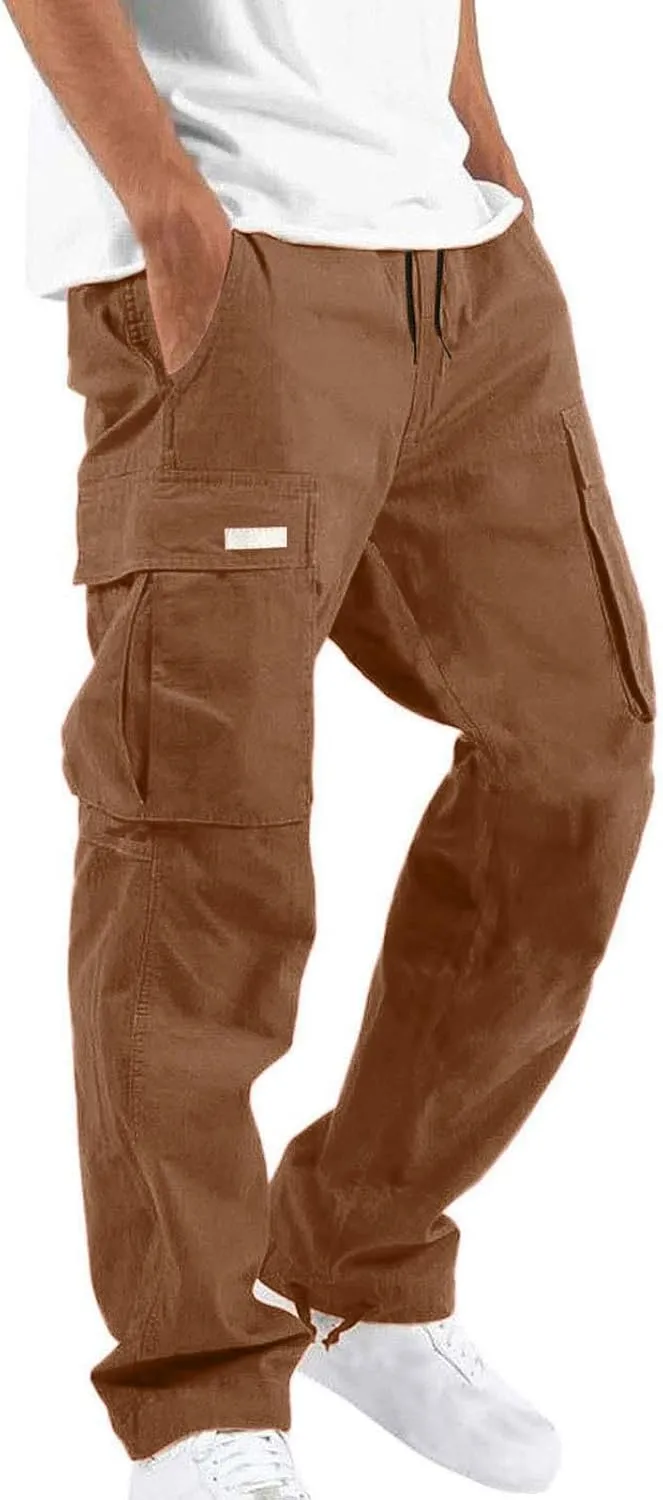 Muscularfit Cargo Pants for Men Big and Tall Elastic Waist Cotton Sweatpants Causal Solid Multi Pockets Joggers Athletic Pant
