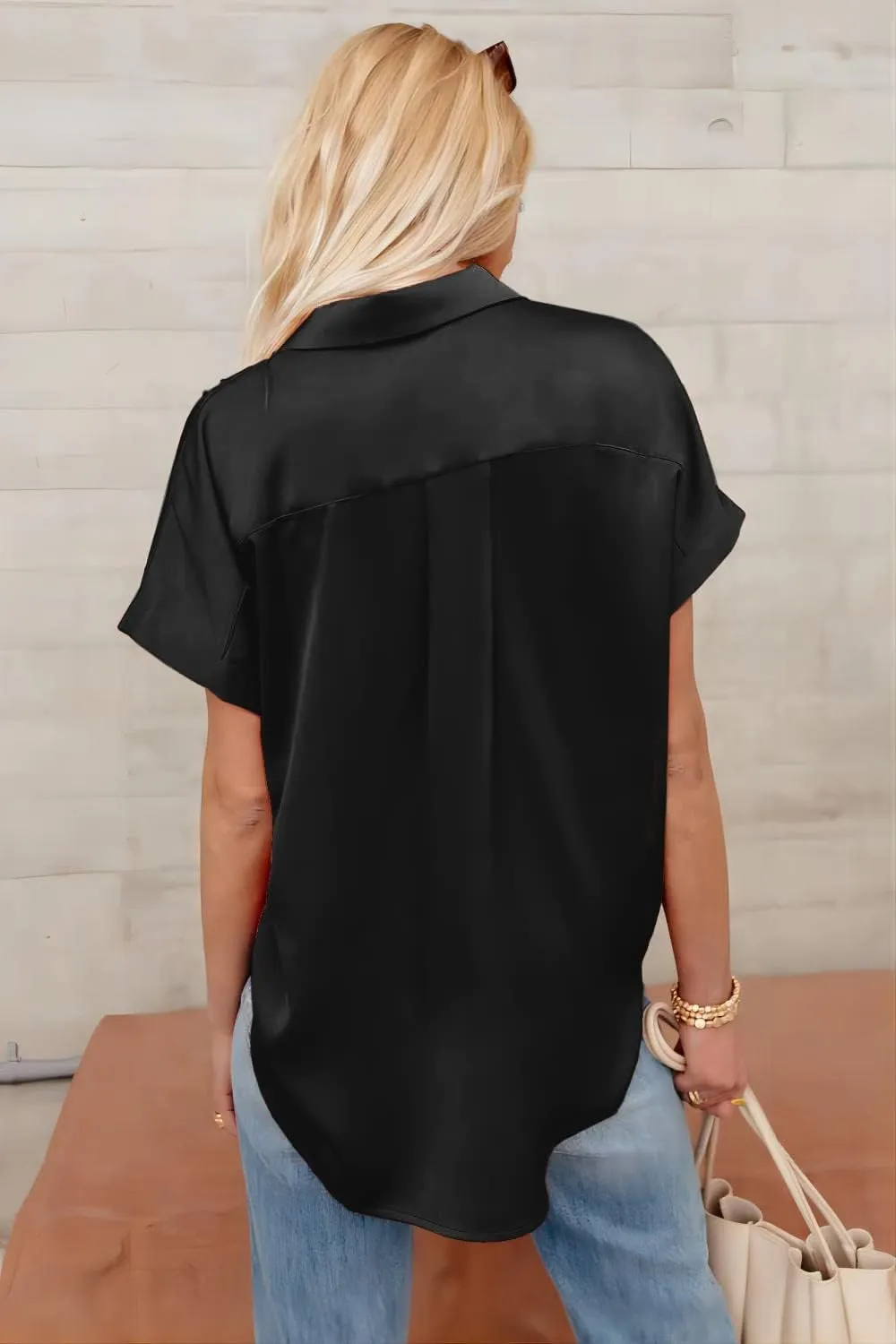 Pausus Satin Button Down Shirts for Women Short Sleeve Office Blouse Casual Business V Neck Silk Tops Slim Fit S-XXL