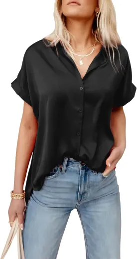 Pausus Satin Button Down Shirts for Women Short Sleeve Office Blouse Casual Business V Neck Silk Tops Slim Fit S-XXL