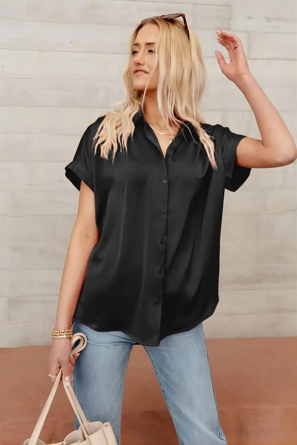 Pausus Satin Button Down Shirts for Women Short Sleeve Office Blouse Casual Business V Neck Silk Tops Slim Fit S-XXL