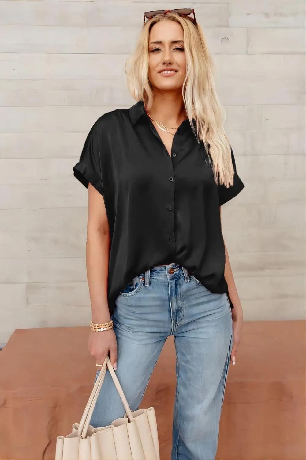 Pausus Satin Button Down Shirts for Women Short Sleeve Office Blouse Casual Business V Neck Silk Tops Slim Fit S-XXL