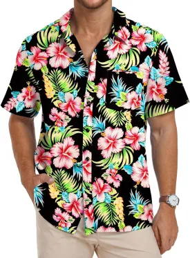 PEGENO Men's Flower Casual Button Down Short Sleeve Hawaiian Shirt
