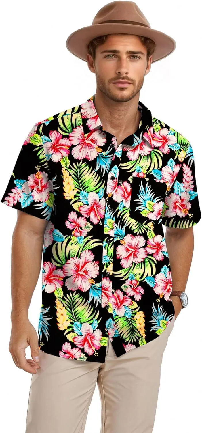 PEGENO Men's Flower Casual Button Down Short Sleeve Hawaiian Shirt