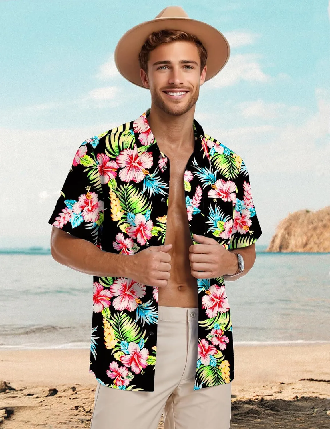 PEGENO Men's Flower Casual Button Down Short Sleeve Hawaiian Shirt