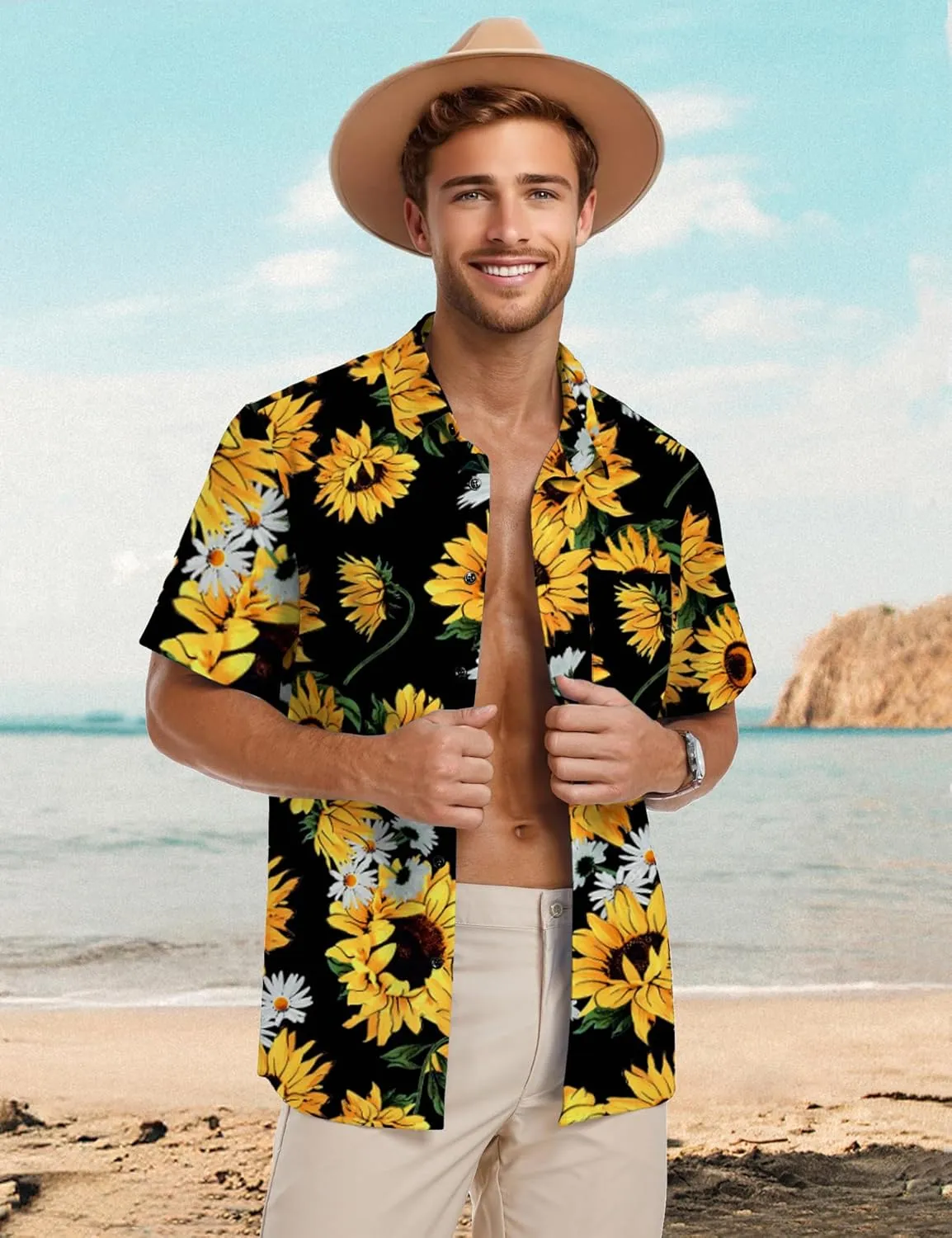 PEGENO Men's Flower Casual Button Down Short Sleeve Hawaiian Shirt