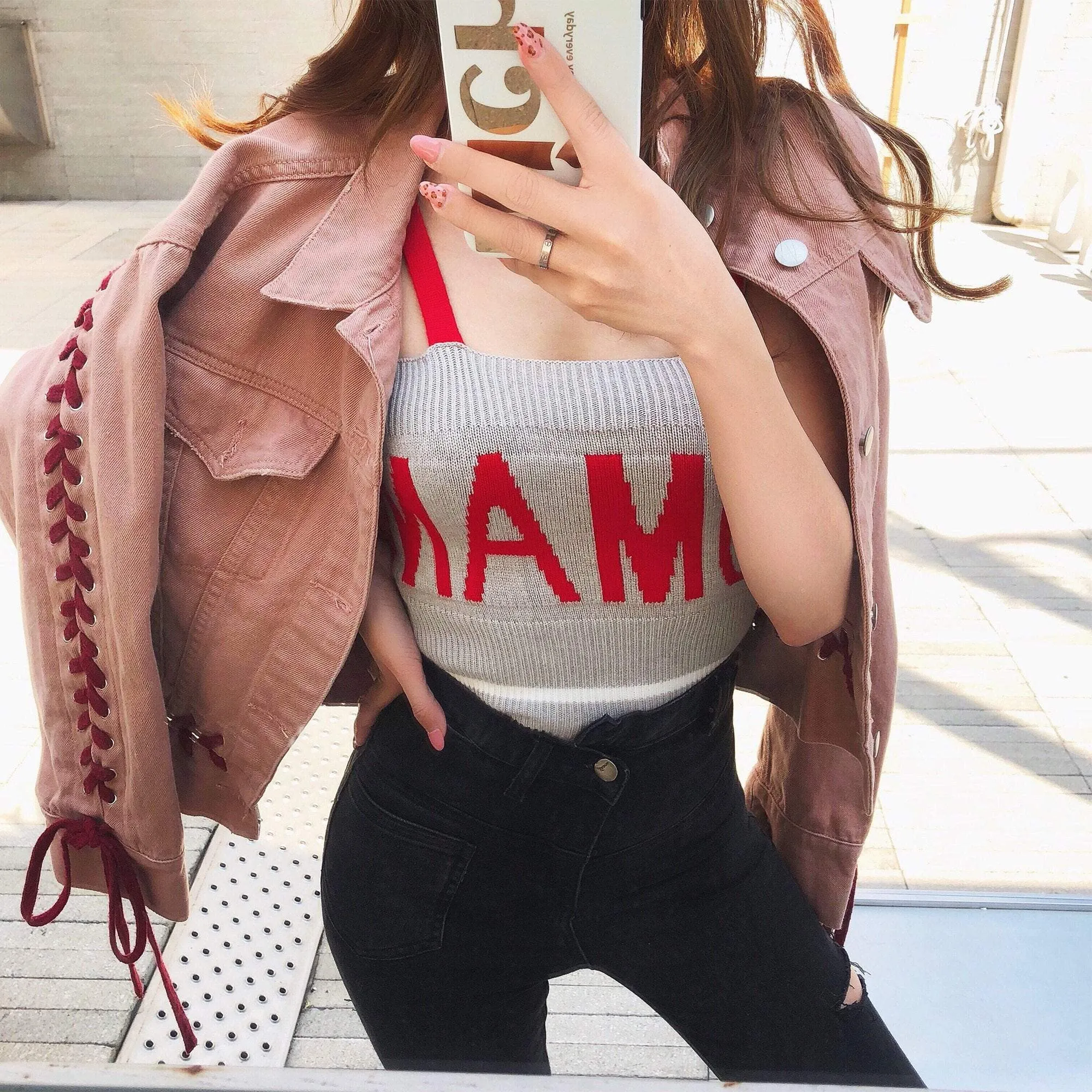 Pink Denim Red Style Lacing Short Jacket