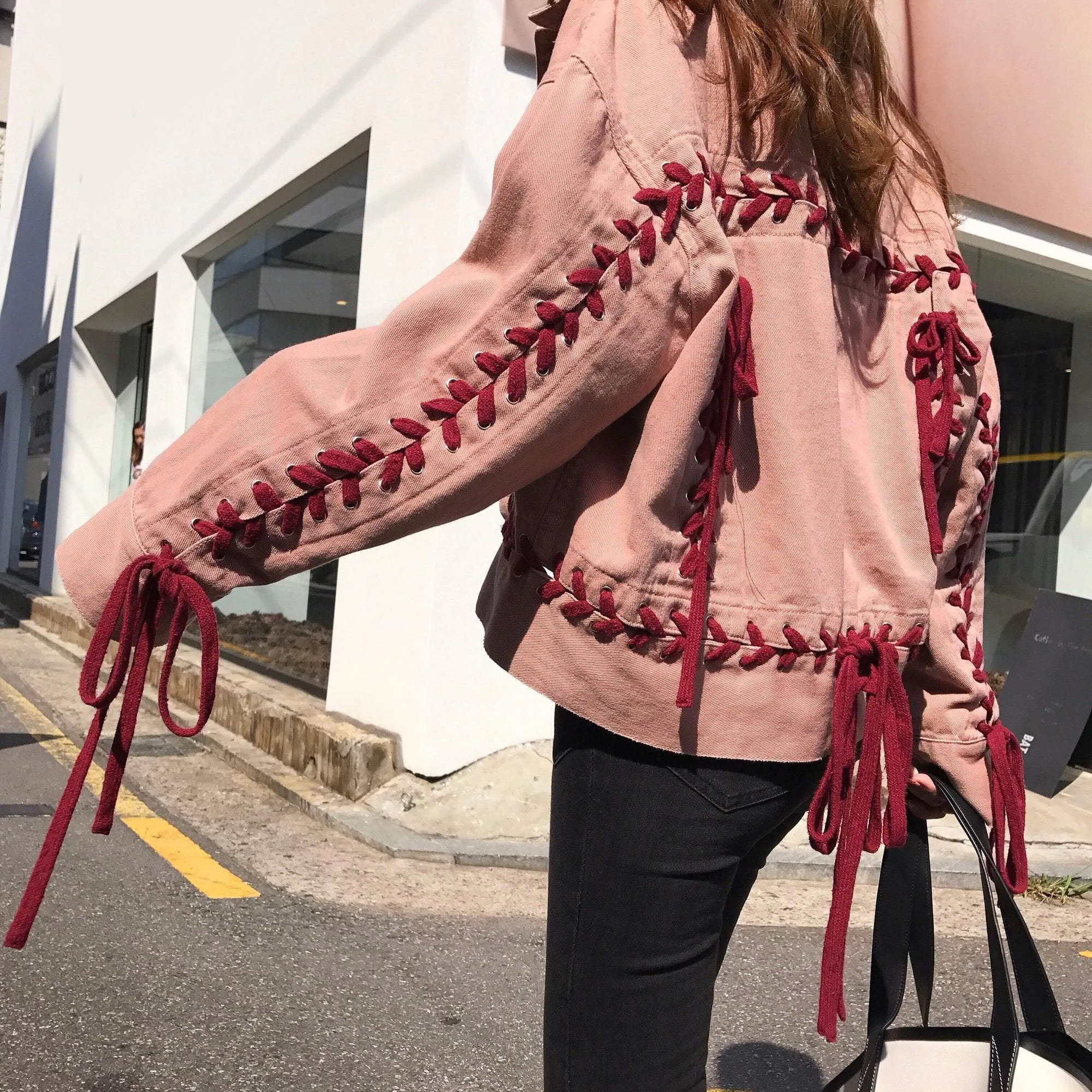 Pink Denim Red Style Lacing Short Jacket