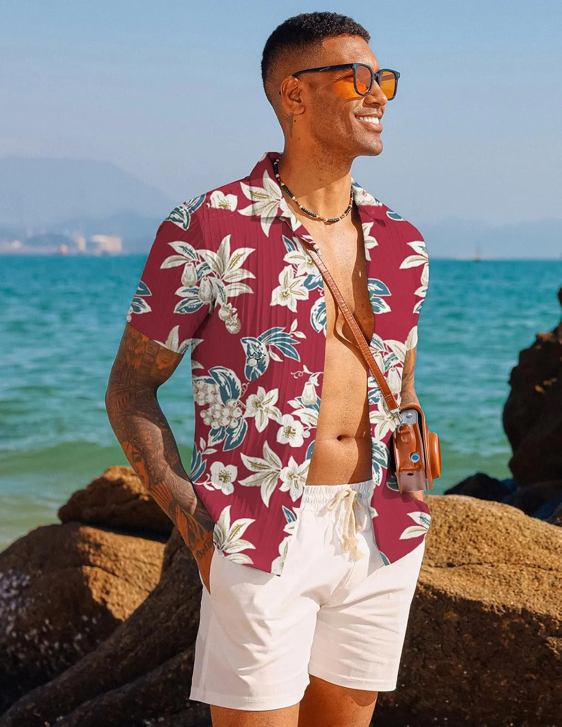 PJ PAUL JONES Men's Casual Button Down Shirts - Short Sleeve Summer Textured Beach Wrinkle-Free Shirts