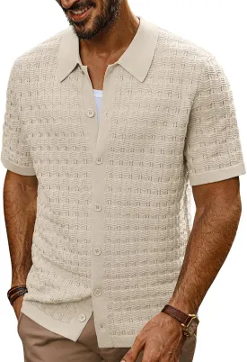 PJ PAUL JONES Men's Knit Shirts Short Sleeve Button Down Polo Shirt Fashion Casual Summer Beach Shirts