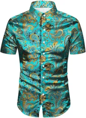 QZH.DUAO Mens 70s Disco Party Shirts Casual Paisley Button Down Shirt Vintage Floral Hawaiian Beach Short Sleeve Shirt