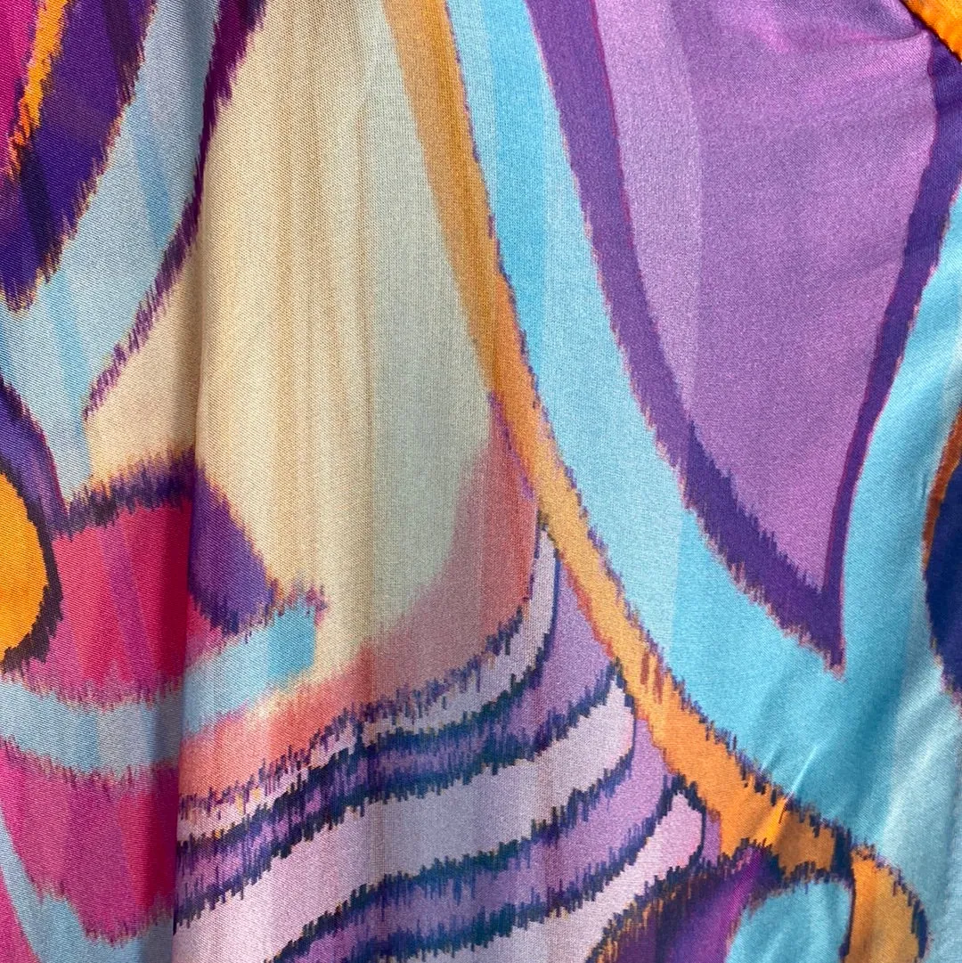 Silk V-Neck Swirl Short Sleeve-Turq/Lavender