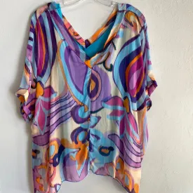 Silk V-Neck Swirl Short Sleeve-Turq/Lavender