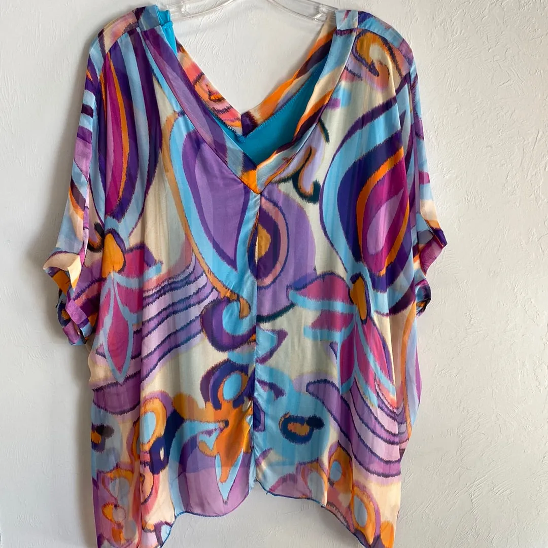 Silk V-Neck Swirl Short Sleeve-Turq/Lavender