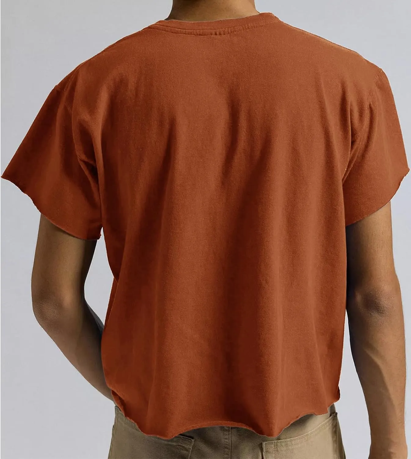 Sunborui Men's Boxy Cropped Raw Cut Tee Short Sleeve Round Neck T Shirts Casual Basic Tops