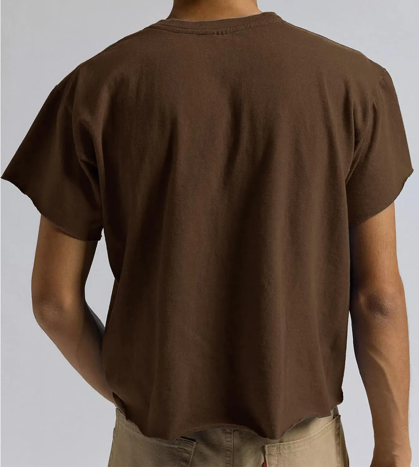 Sunborui Men's Boxy Cropped Raw Cut Tee Short Sleeve Round Neck T Shirts Casual Basic Tops