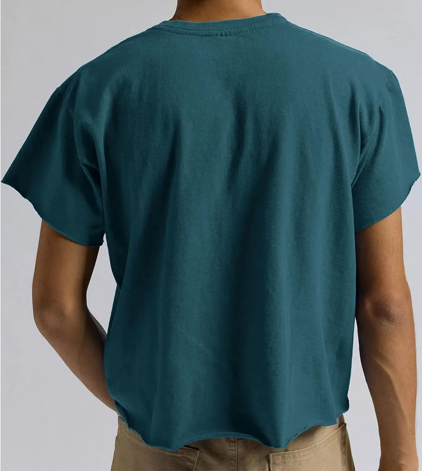 Sunborui Men's Boxy Cropped Raw Cut Tee Short Sleeve Round Neck T Shirts Casual Basic Tops