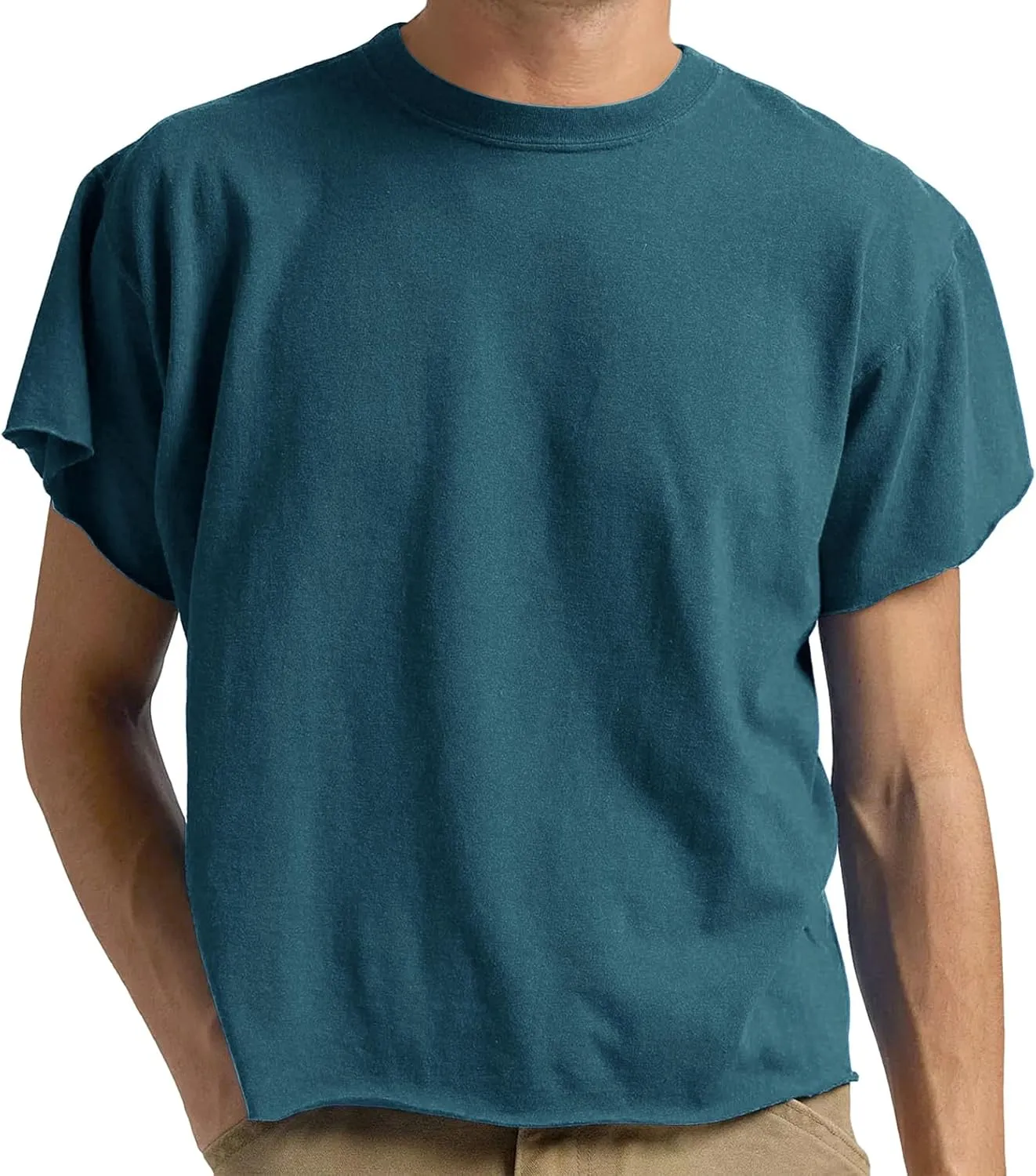 Sunborui Men's Boxy Cropped Raw Cut Tee Short Sleeve Round Neck T Shirts Casual Basic Tops