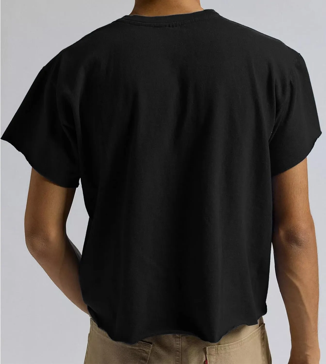 Sunborui Men's Boxy Cropped Raw Cut Tee Short Sleeve Round Neck T Shirts Casual Basic Tops