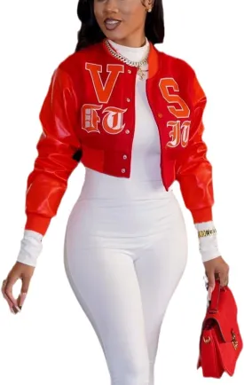 THLAI Women Varsity Jacket Button Down Cropped Faux Leather Jacket Letter Embroidery Jacket Short Baseball Outwear